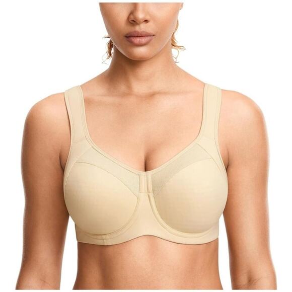 SYROKAN Women's High Impact Full Coverage Sports Bra Oil Gray Beige Size 40F NEW - Picture 1 of 9